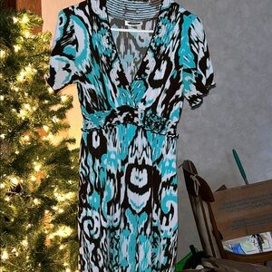 Chic Teal and Black Patterned Midi Dress